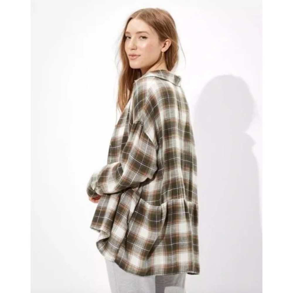 American Eagle Olive Plaid Flannel Babydoll Button Up Shirt Boyfriend Cozy, L